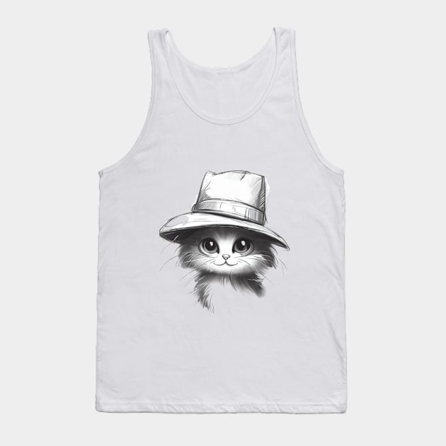 Whimsical Cat with Hat Tank Top by amaturedeisgns